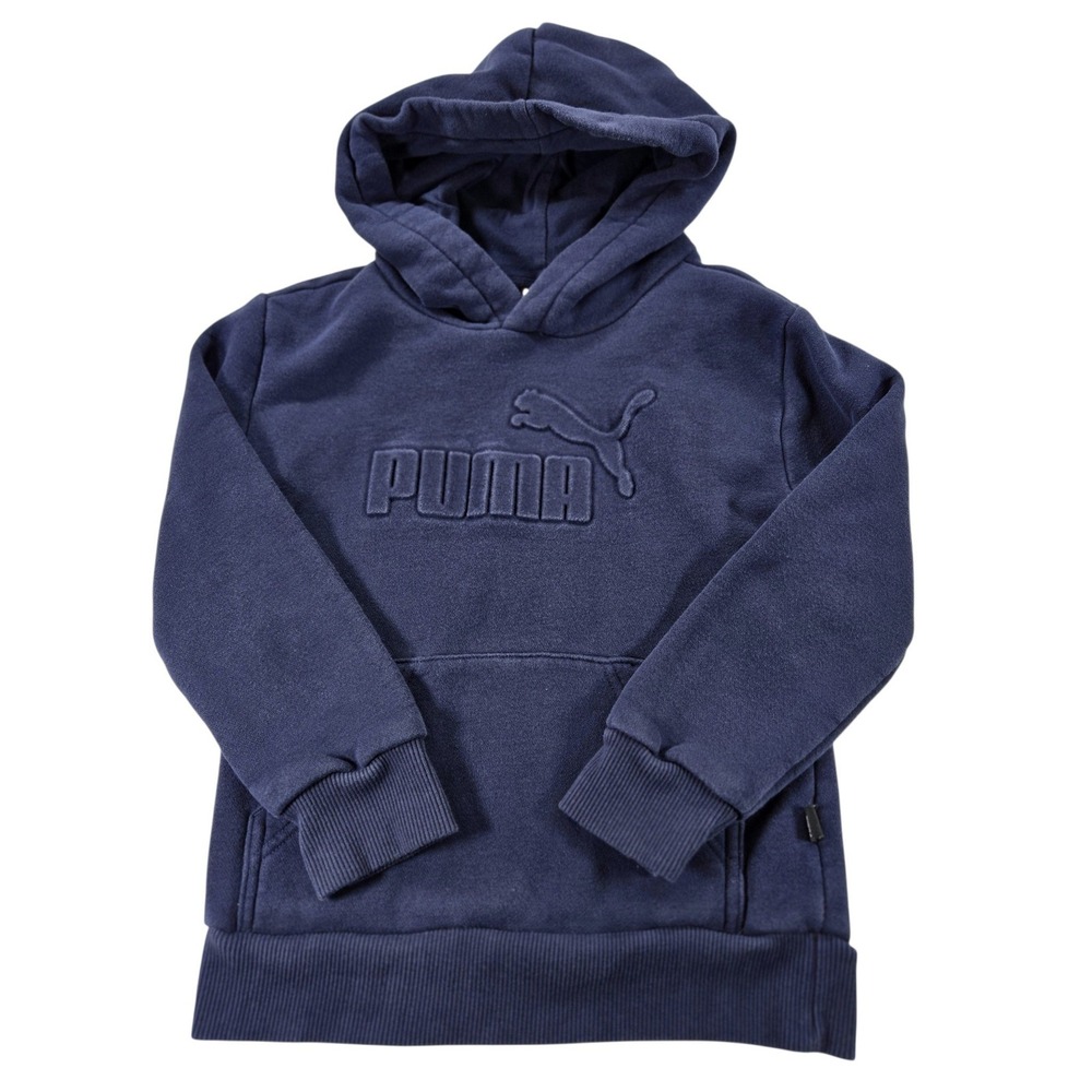 Puma Boys 5 6 Navy Blue Large Embossed Logo Fleece Pullover Hoodie Sweatshirt